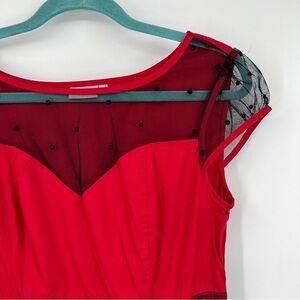 Eshakti Sheer Polka Dot Short Sleeve Pocket Pleated A-Line Midi Dress Red Black